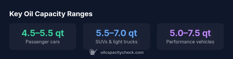 Infographic showing oil capacity ranges for passenger cars, SUVs, and performance vehicles
